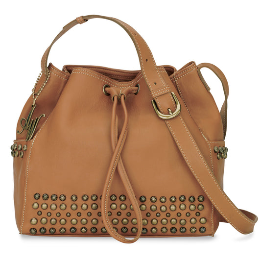 Golden Tan Leather Drawstring Crossbody Bag (4162321)