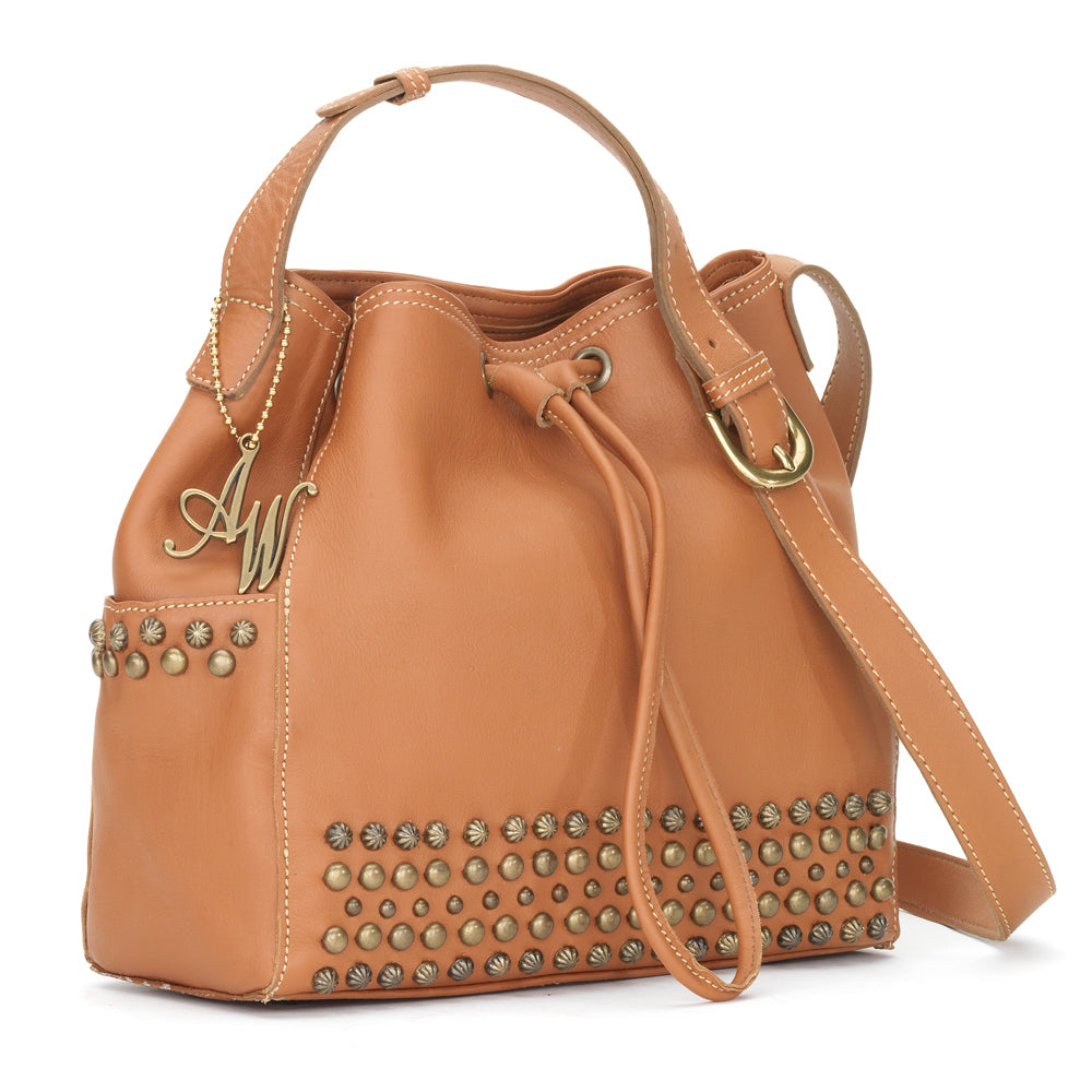 Golden Tan Leather Drawstring Crossbody Bag (4162321)