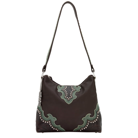 Dark Chocolate and Turquoise Leather Structured Hobo (5878279)