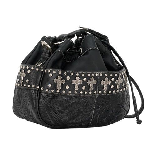 Black Leather Drawstring Hobo (9220283)