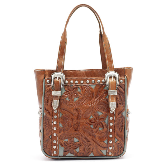 Turquoise Trimmed Brown Leather Tote (CWGRL41)