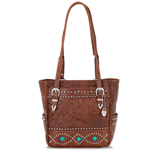 Turquoise Accented Brown Leather Tote (CWGRL61)