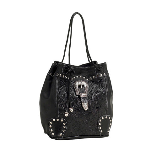 Black Leather Drawstring Shoulder Bag (IRON784)