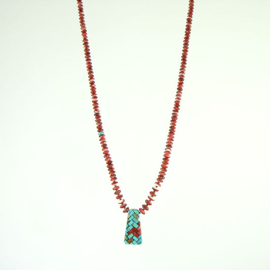 Orange Bead Necklace with Mosaic Inlay Pendant (NCK312)