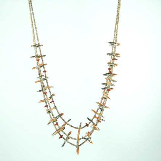 Bird Fetish Heishi Necklace with Coral Chunks (NCK351)