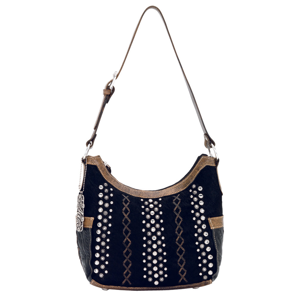 Black Cowhide and Charcoal Leather Hobo (4122620)