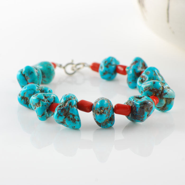Kingman Turquoise and Natural Coral Bracelet (BRT124)