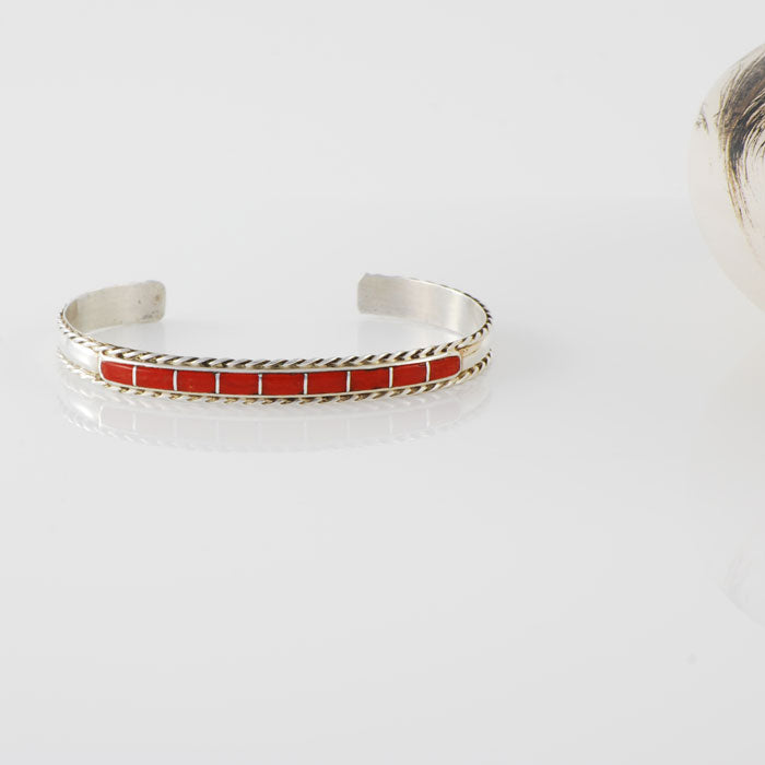 Sterling Silver and Coral Channel Inlay Bracelet (BRT125)