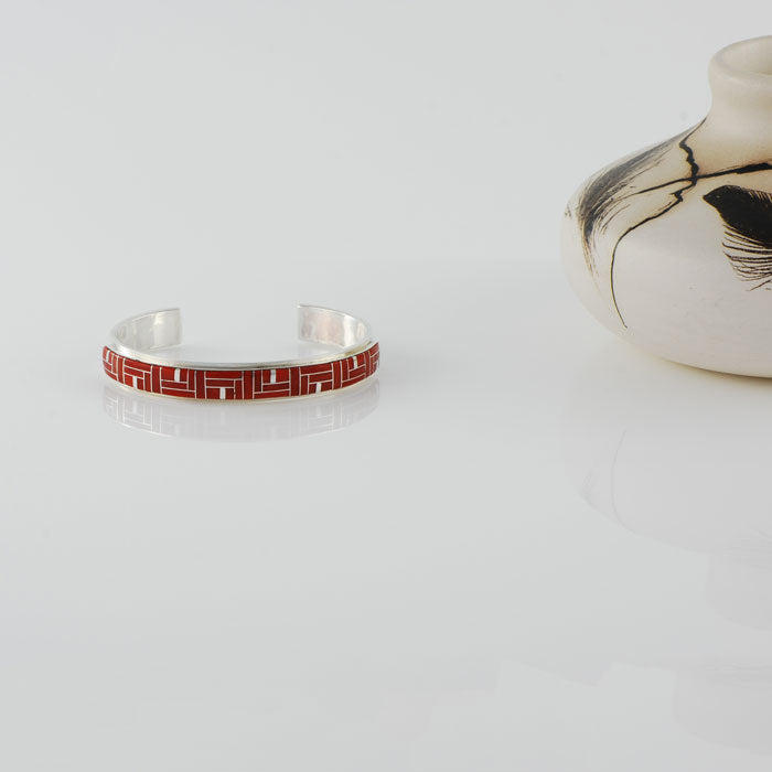 Sterling Silver and Coral Inlay Bracelet (BRT133)