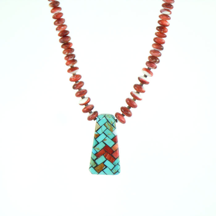 Orange Bead Necklace with Mosaic Inlay Pendant (NCK312)
