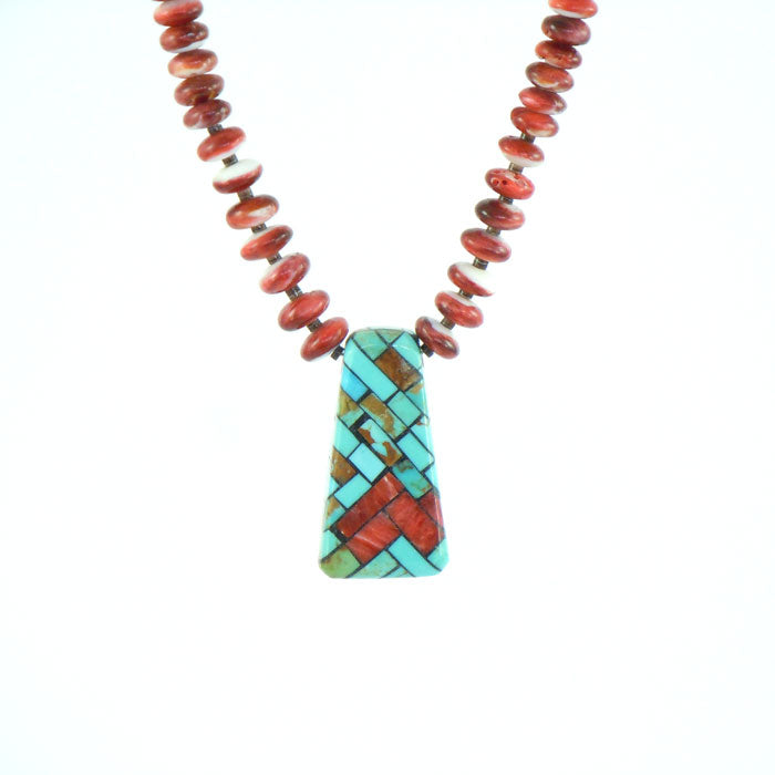 Orange Bead Necklace with Mosaic Inlay Pendant (NCK312)
