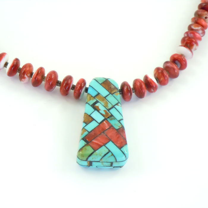 Orange Bead Necklace with Mosaic Inlay Pendant (NCK312)