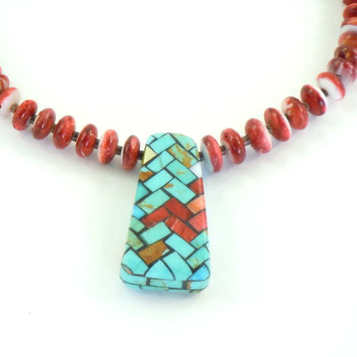 Orange Bead Necklace with Mosaic Inlay Pendant (NCK312)