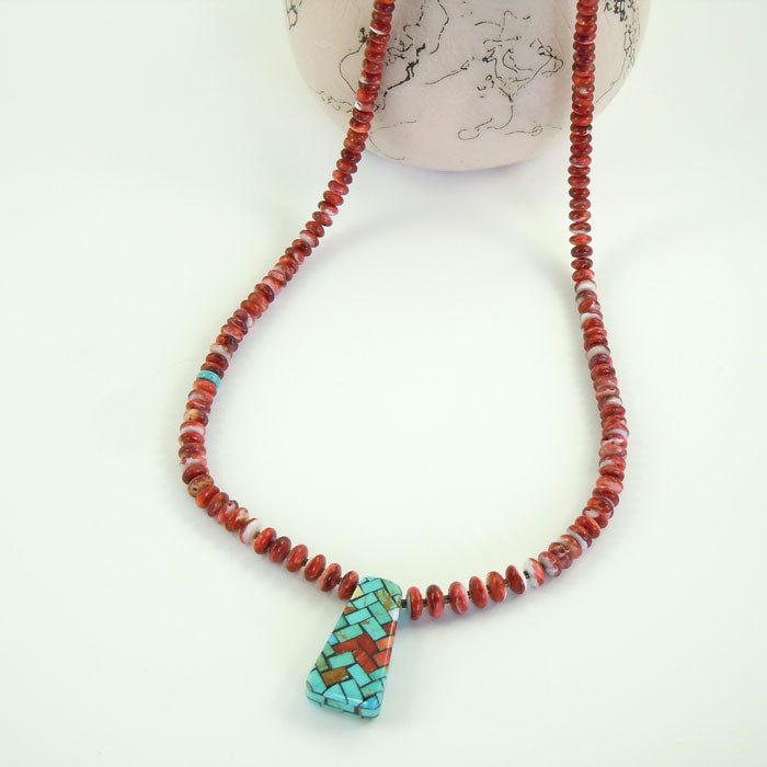 Orange Bead Necklace with Mosaic Inlay Pendant (NCK312)