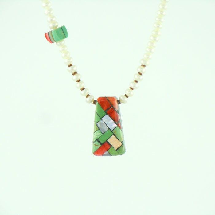 Pearl Bead Necklace with Mosaic Inlay Pendant (NCK314)