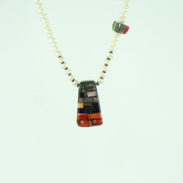 Pearl Bead Necklace with Mosaic Inlay Pendant (NCK314)