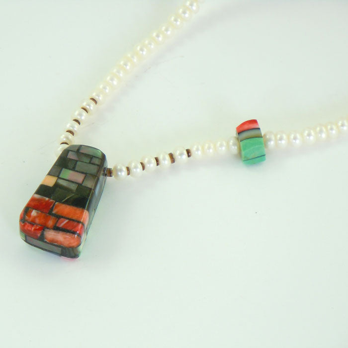 Pearl Bead Necklace with Mosaic Inlay Pendant (NCK314)