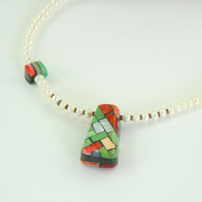 Pearl Bead Necklace with Mosaic Inlay Pendant (NCK314)