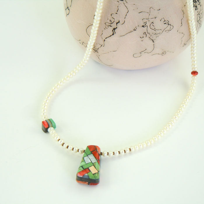 Pearl Bead Necklace with Mosaic Inlay Pendant (NCK314)