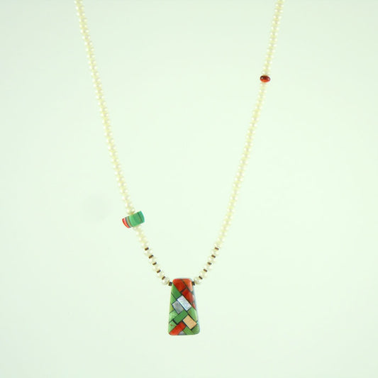 Pearl Bead Necklace with Mosaic Inlay Pendant (NCK314)