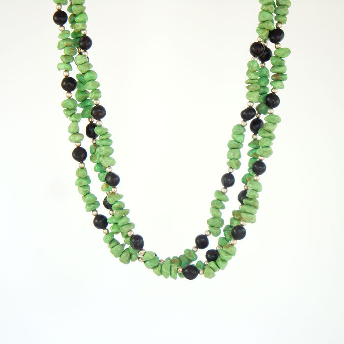 Green Turquoise and Jet Necklace with Silver Beads (NCK327)