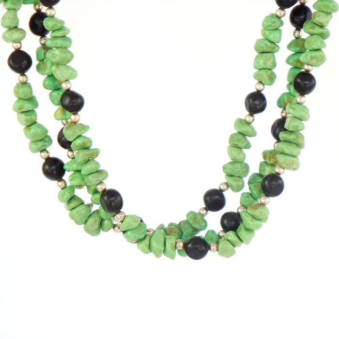 Green Turquoise and Jet Necklace with Silver Beads (NCK327)