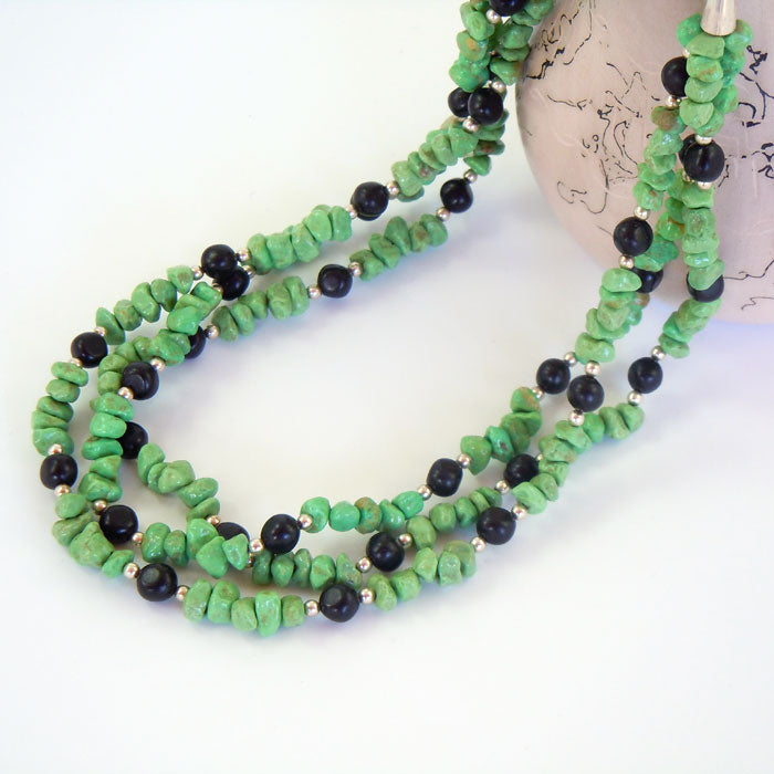 Green Turquoise and Jet Necklace with Silver Beads (NCK327)