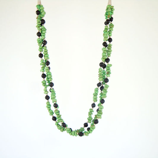 Green Turquoise and Jet Necklace with Silver Beads (NCK327)