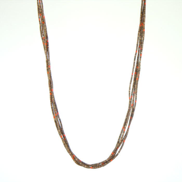 Olive Shell and Old Natural Coral Heishi Necklace (NCK328)