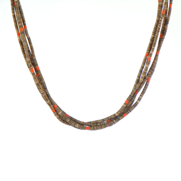 Olive Shell and Old Natural Coral Heishi Necklace (NCK328)