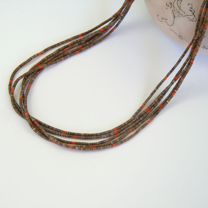 Olive Shell and Old Natural Coral Heishi Necklace (NCK328)