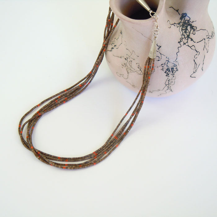 Olive Shell and Old Natural Coral Heishi Necklace (NCK328)