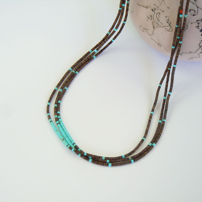 Olive Shell and Kingman Turquoise Heishi Necklace (NCK331)