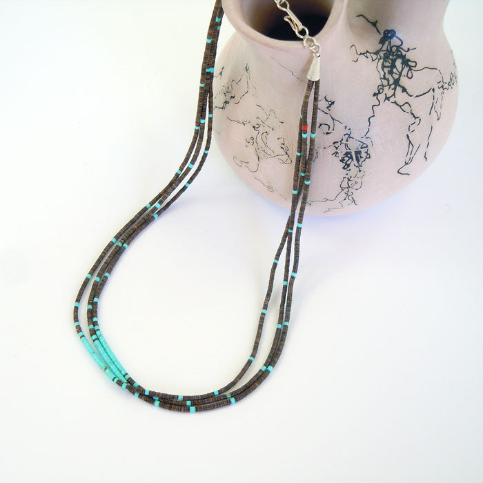 Olive Shell and Kingman Turquoise Heishi Necklace (NCK331)