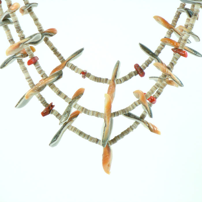 Bird Fetish Heishi Necklace with Coral Chunks (NCK351)