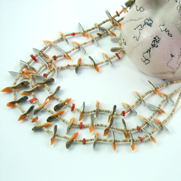 Bird Fetish Heishi Necklace with Coral Chunks (NCK351)