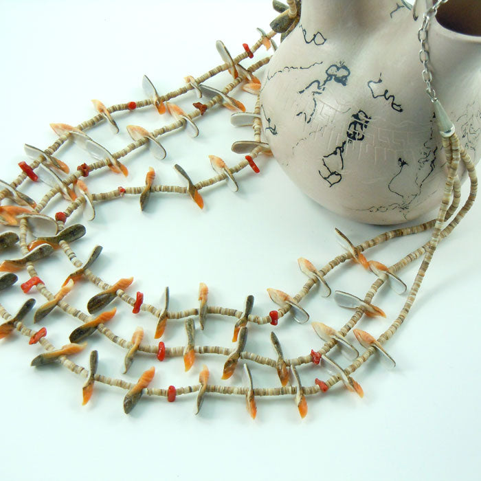 Bird Fetish Heishi Necklace with Coral Chunks (NCK351)