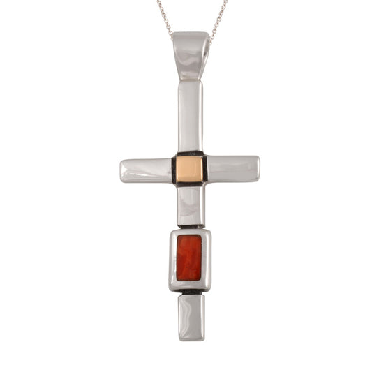 Sterling Silver Gold and Coral Cross (PND221)