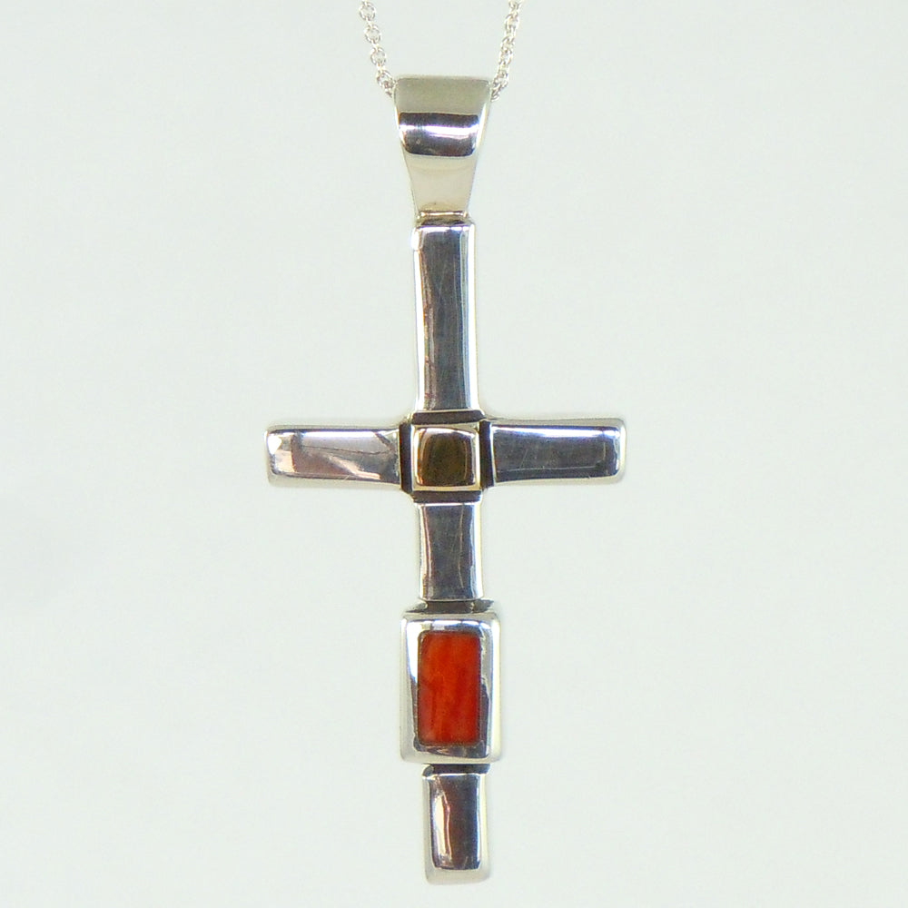 Sterling Silver Gold and Coral Cross (PND221)